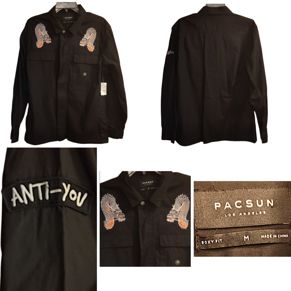 PacSun Black Casual Button Down Shirt with Dragon Embroidery